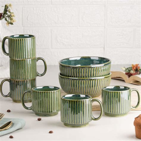 Buy The Earth Store Glam Green Ceramic Snack Bowl & Tea Cup Combo | Set ...