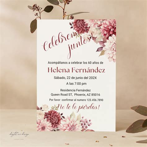 Editable Spanish Birthday Invitation, Dhalias Burgundy and Pink ...