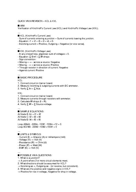 KCL KVL Quick Viva Revision Guide: Current & Voltage Laws - Studocu