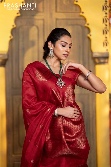 Banarasi raw silk saree red with woven buttas and butta border ...