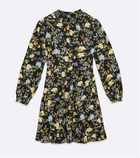 Black Floral Shirred High Neck Tiered Mini Dress | New Look