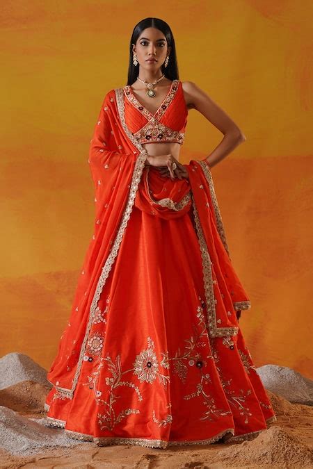 Buy Orange Silk, Chiffon Sequins, Pearls, Floral Vine Embroidered ...