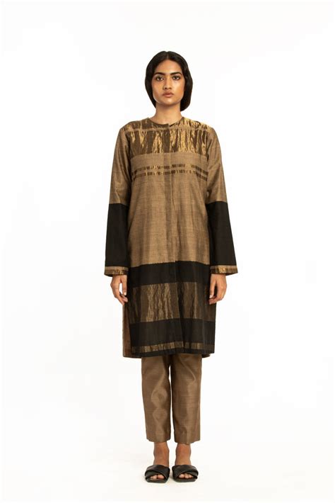 Handwoven Beige Black Engineered Front Placket Tunic – Akaaro