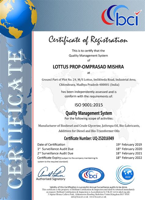 Certificates - M/S Lottus from Chhindwara Madhya Pradesh India