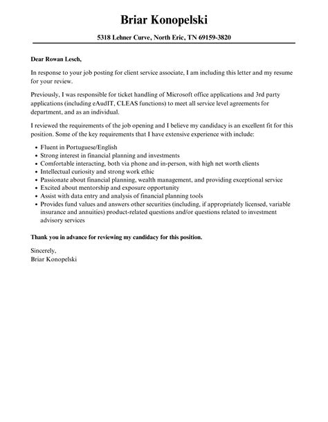 Client Service Associate Cover Letter | Velvet Jobs