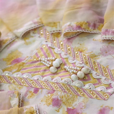 Bahaar Buttermilk Beige Floral Printed with Embellish Neck Cotton Suit ...