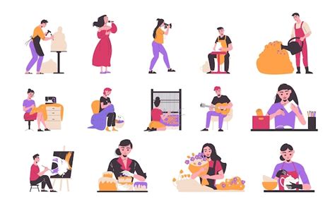 Hobby color set with music and cooking symbols flat isolated vector ...