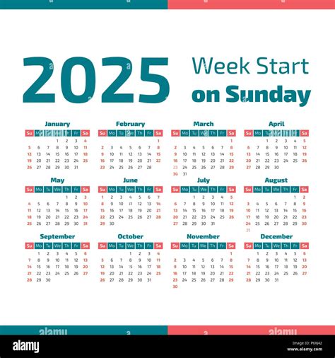 Kalender für das Jahr 2025 einfach, beginnt die Woche am Sonntag Stock ...