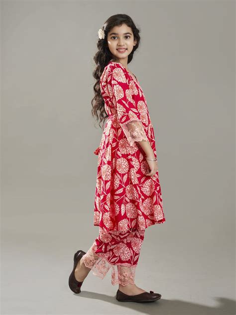 Bitiya by Bhama Girls Pink Angrakha Kurta with Trousers