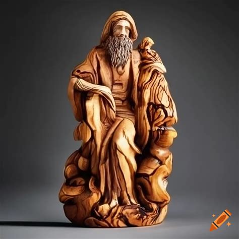 Elijah fed by ravens in a resplendent olive wood sculpture on Craiyon