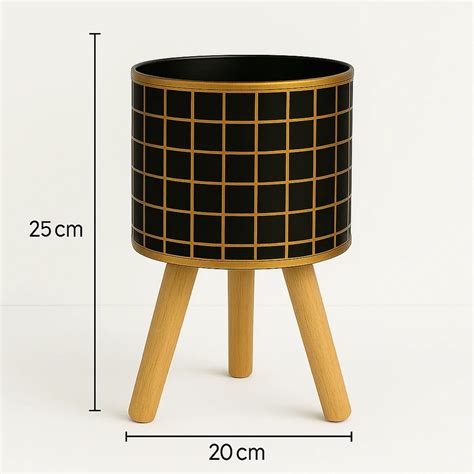 Home Decor Set of 3 Black & Gold Metal Planters with Wooden Stands