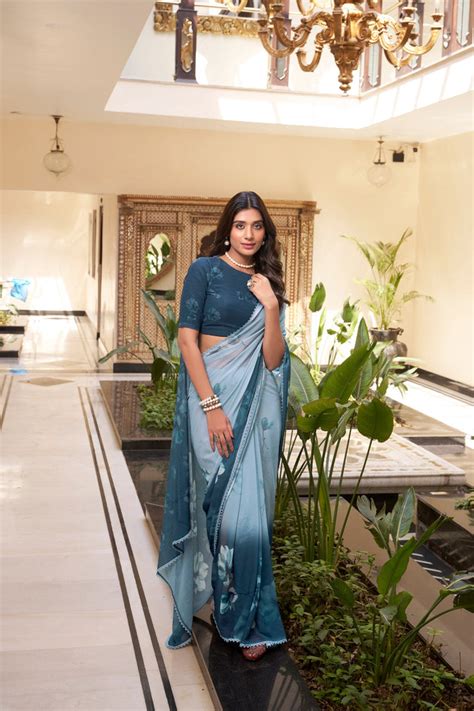 Dusty Blue Weightless Marbal Floral Printed Saree with Lace