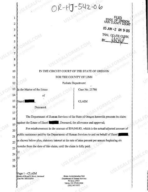 Oregon Claim Against Estate of Deceased for Reimbursement of Services ...