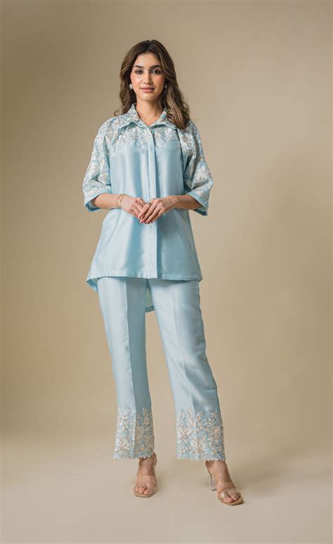 Light Blue Floral Embroidered Co-ord Set – INCHING INDIA