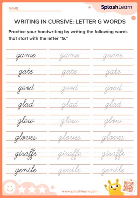 Writing in Cursive: Letter G Words — Printable ELA Worksheet