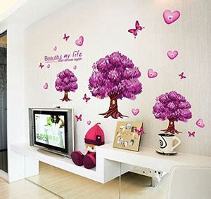 GOLDEN CART 160 cm Wall Sticker Purple Leaves Tree Heart Butterflies ...