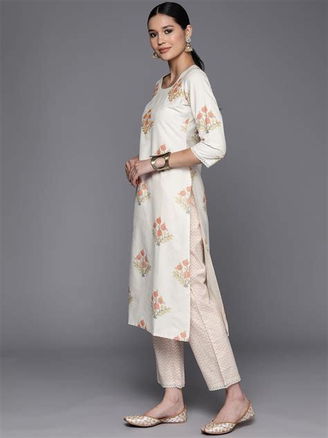 Buy Off White Printed Cotton Blend Straight Kurta With Trousers Online ...
