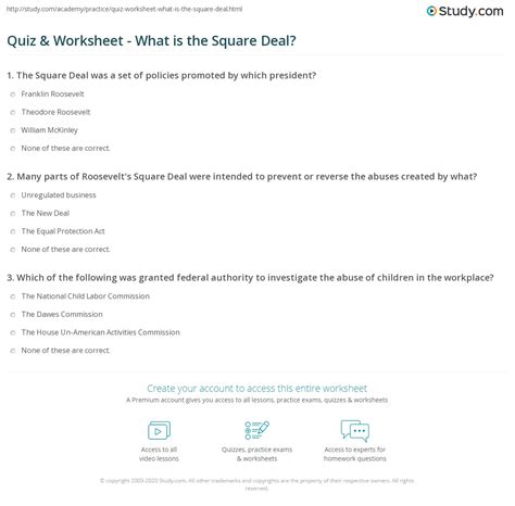 Quiz & Worksheet - What is the Square Deal? | Study.com