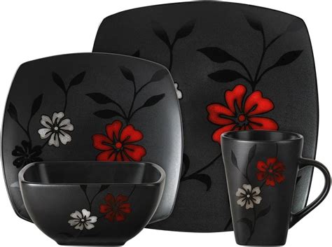Buy Gibson Elite Evening Blossom 16 Piece Dinnerware Set, Black Online ...
