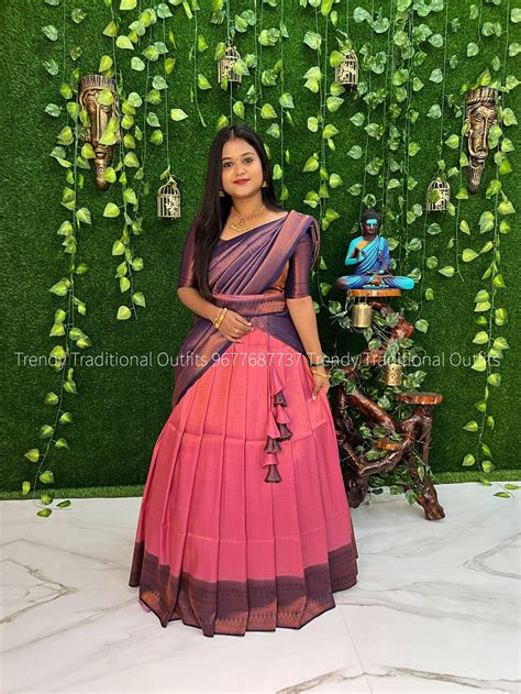 Watermelon pink with navy copper zari half saree - Trendy Traditional ...