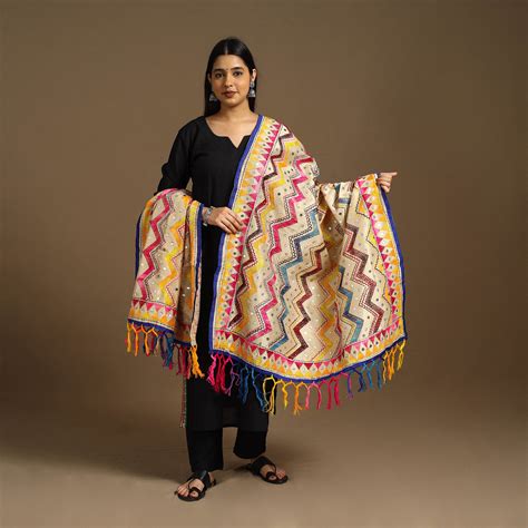 Multicolor Ranihati Chanderi Silk Zig Zag Hand Embroidery Dupatta ...