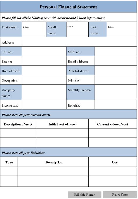 Image result for Personal Financial Statement Form Print