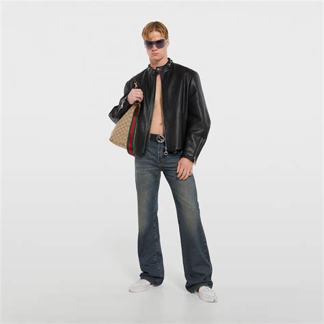 Leather jacket with Horsebit in black | GUCCI® US