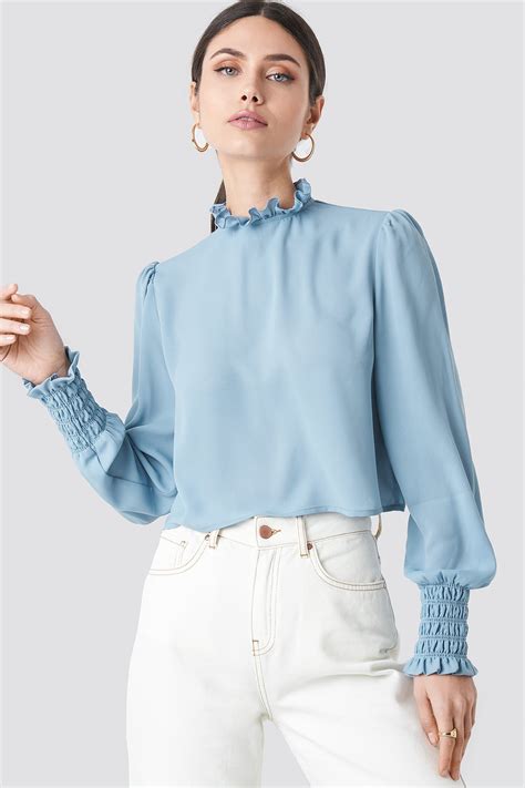 Frill High Neck Blouse Blue | NA-KD