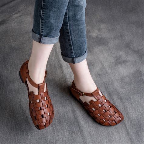 Women Retro Woven Cowhide Leather Sandals – Retrosia