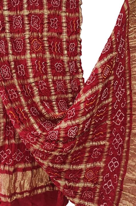 Stunning Red Checks Bandhani Gajji Silk Dupatta with Tissue Border