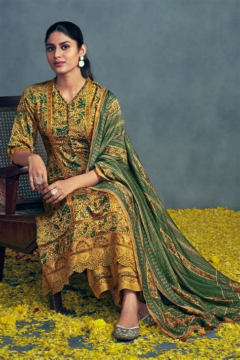 Pure Modal Silk Pure Ajrak Print Mustard Color Daily Wear Long Straigh ...