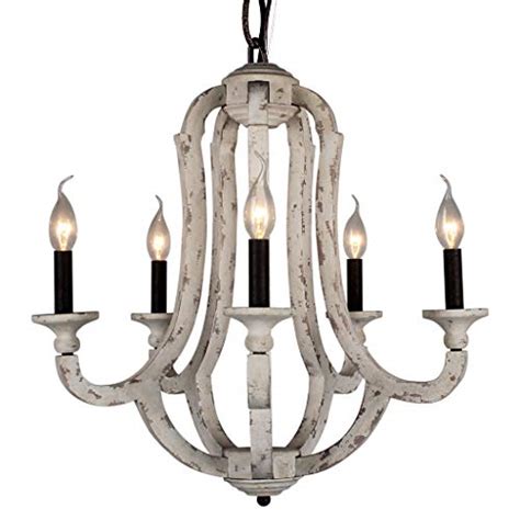 Buy Farmhouse Wood Chandelier 5-Light Distressed White Vintage Rustic ...