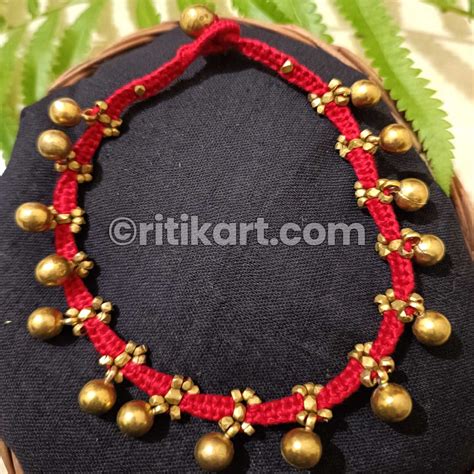 Ancient Design Dhokra Brass Anklet with Red Threadwork - Ritikart