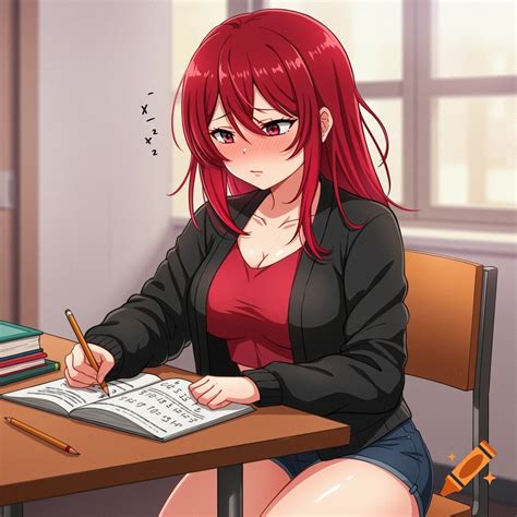 Anime girl with red hair doing math homework at a desk, writing in a ...