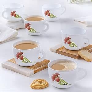 Buy Larah by Borosil Red Iris Opalware Set – 6 x 140ml Cups | Microwave ...