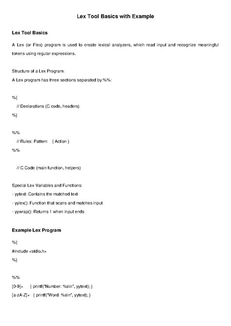 Lex Tool Basics: Understanding Lex Programs and Examples - Studocu