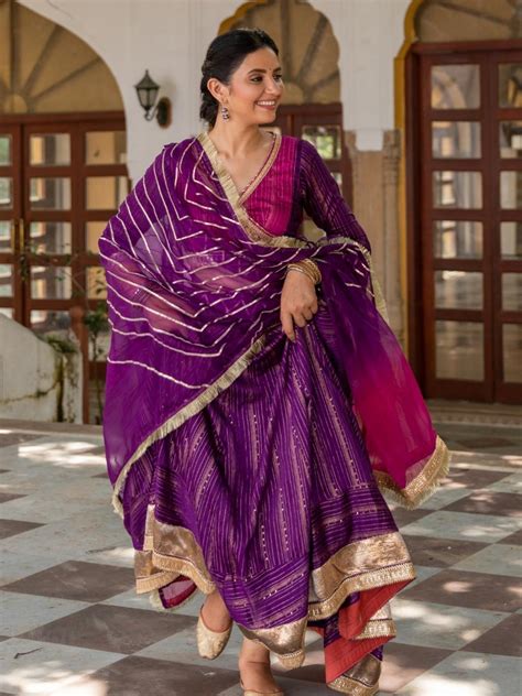 Myaara Purple Chanderi Ethnic Anarkali Set with Organza Dupatta & Gota-work