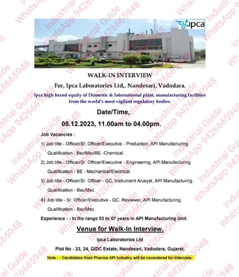 IPCA Laboratories Limited Vadodara Interview in 05th December 2023 for ...
