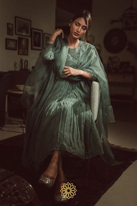 PERSIAN GREEN EMBROIDERED CHANDERI ANARKALI SET