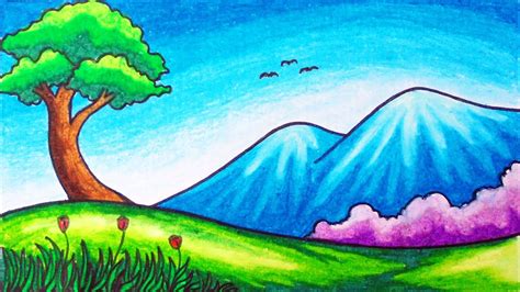 Easy Mountain Hills Scenery Drawing | How to Draw Simple Nature Scenery for Beginners - YouTube