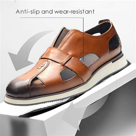 Men's Brown Leather Cut-Out Loafers Sandals - Breathable Slip-On Casual ...