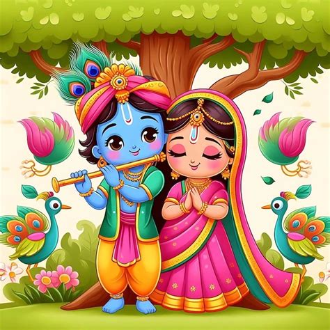 Cute chibi Radha Krishna drawings with vibrant details