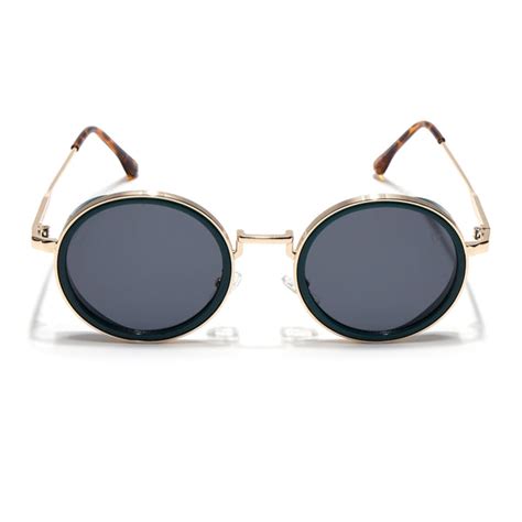 Round Sunglasses for Men & Women (Black Lens | Golden & Green Frame