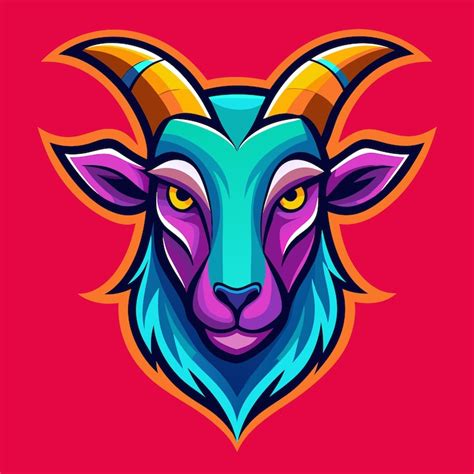 A stylized colorful goat head with large horns and yellow eyes ...