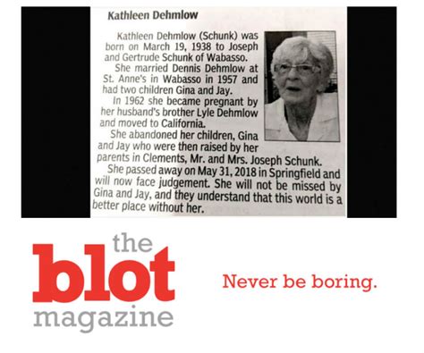 Bitterness Betrays All as Son's Obit Shocks for Mother Kathleen Dehmlow