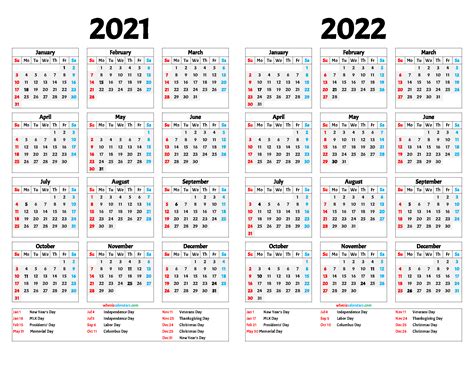 Calendar 2021 and 2022 on One Page | Calendar Quickly