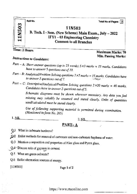Btech 1 sem engineering chemistry 11n503 jul 2022 - Roll No. Total No ...