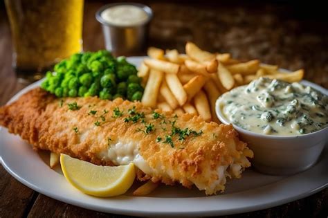 Een bord fish and chips met een kant van groene erwten en een biertje ...
