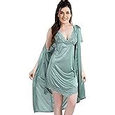 AV2 Women Satin Short Nighty with Lace & Robe Black : Amazon.in: Fashion