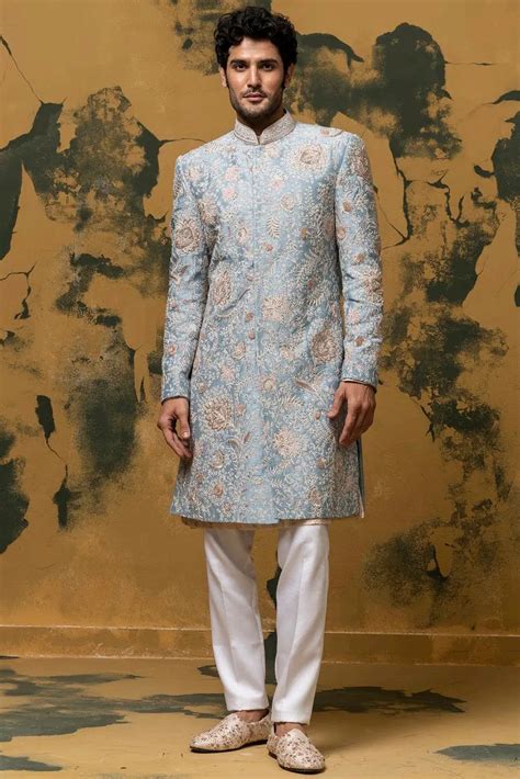 Blue Sherwani With Kiran Dori & French Knots - Asuka Couture